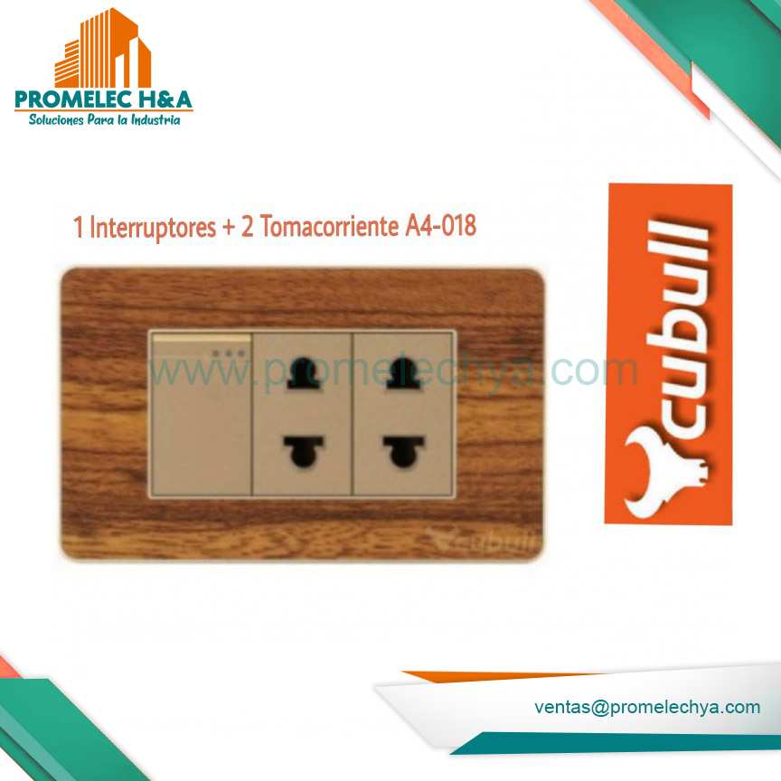 INTERRUPTOR + 2 TOMACORRIENTES A4 MADERA  CUBULL
