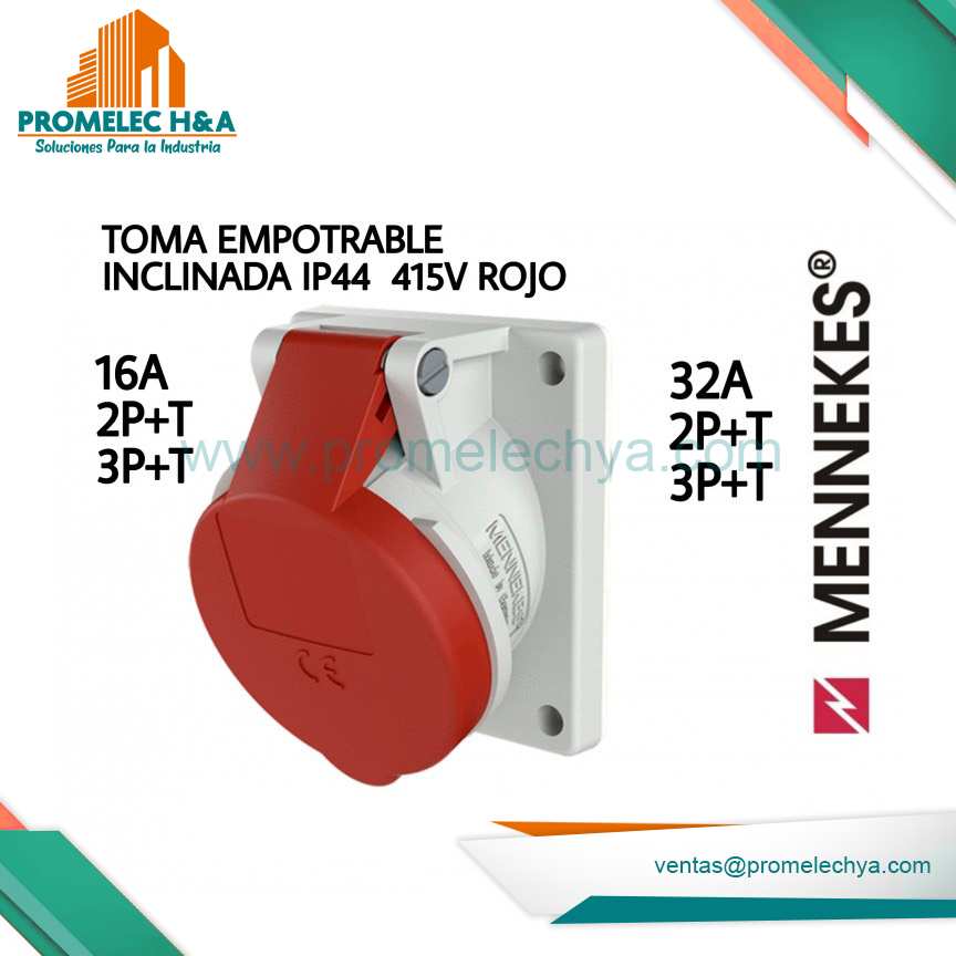 TOMA EMPOTRABLE INCLINADA IP44 2P+T 32A 415V ROJO